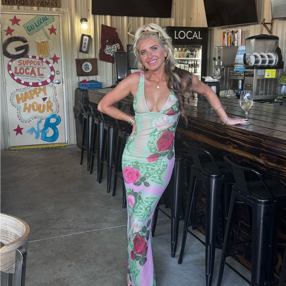 Tiger Mist Pink & Green Rose Print Sheer Maxi Dress Sold Out